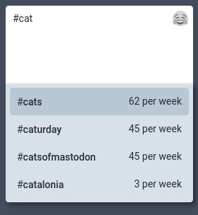 Hashtags are autosuggested by usage frequency.